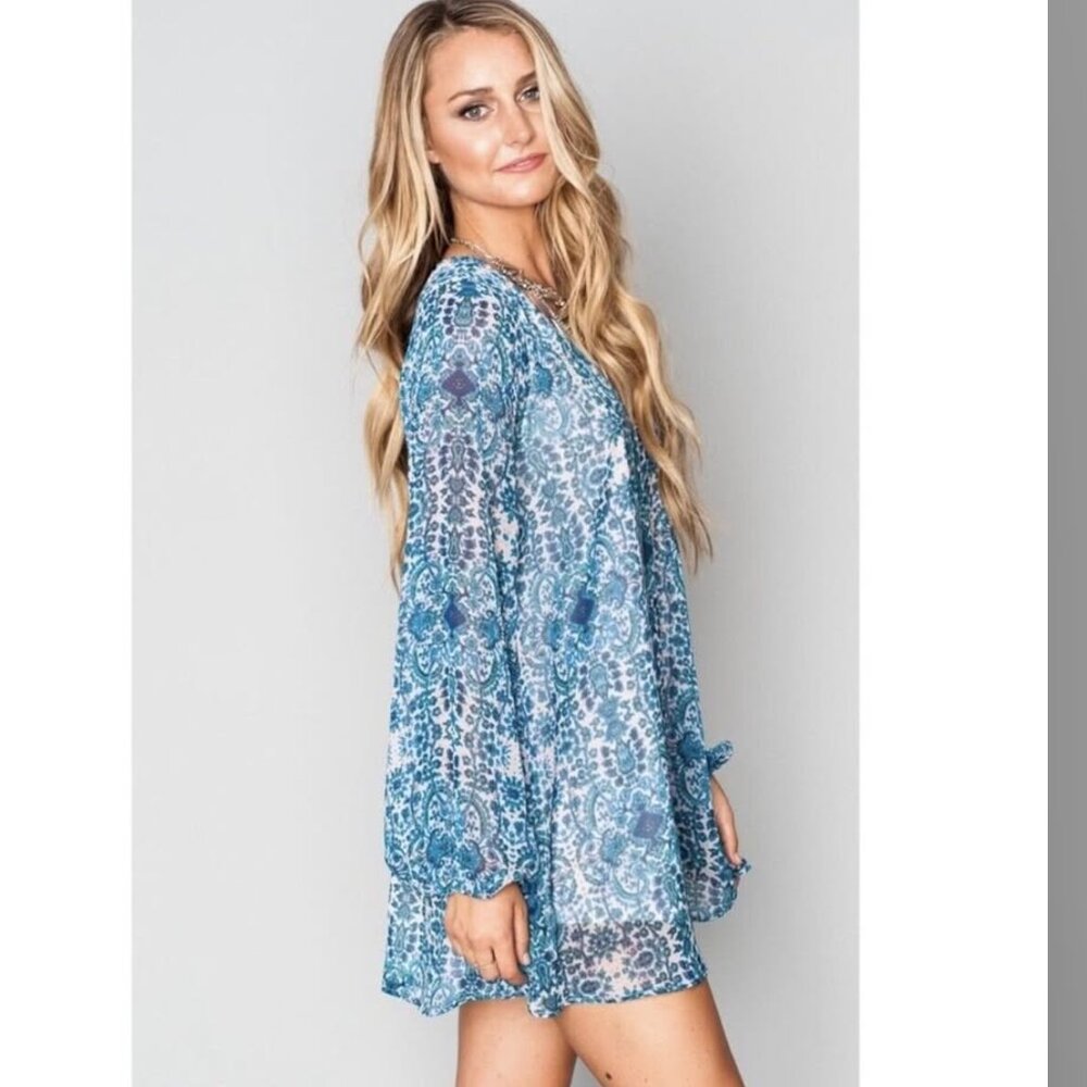 Show Me Your MuMu Boho Blue Long Sleeve Sheer Tunic Flounce Mini Dress size S